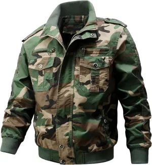 JEKE-DG Men's Relaxed Fit Cotton Outdoor Jacket Multi-Pocket Casual Cargo Jackets Stand Collar Lightweight Jacket Coat