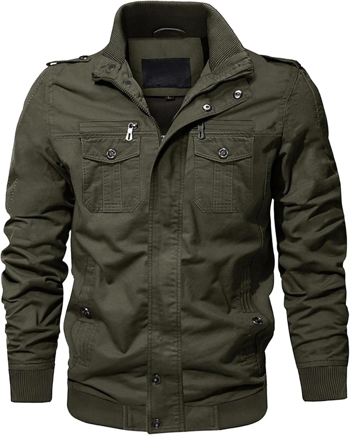 JEKE-DG Men's Relaxed Fit Cotton Outdoor Jacket Multi-Pocket Casual Cargo Jackets Stand Collar Lightweight Jacket Coat