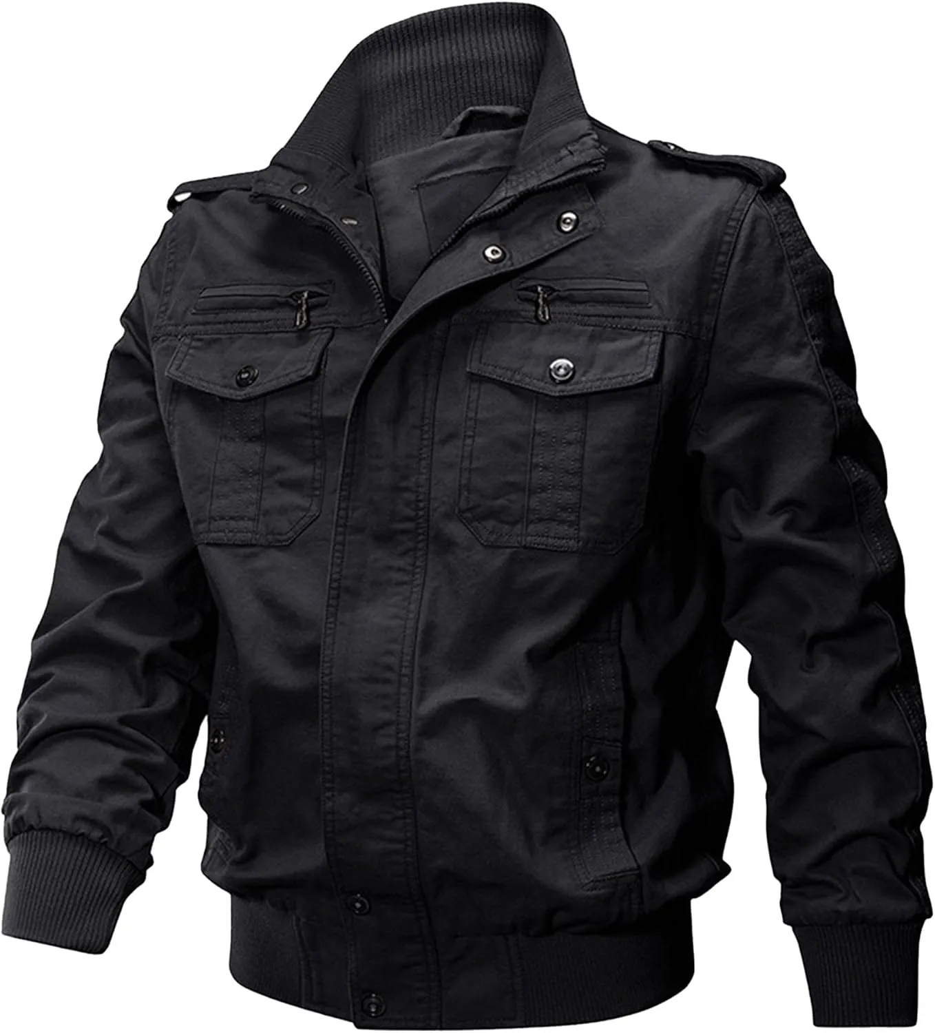 JEKE-DG Men's Relaxed Fit Cotton Outdoor Jacket Multi-Pocket Casual Cargo Jackets Stand Collar Lightweight Jacket Coat