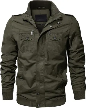 JEKE-DG Men's Relaxed Fit Cotton Outdoor Jacket Multi-Pocket Casual Cargo Jackets Stand Collar Lightweight Jacket Coat