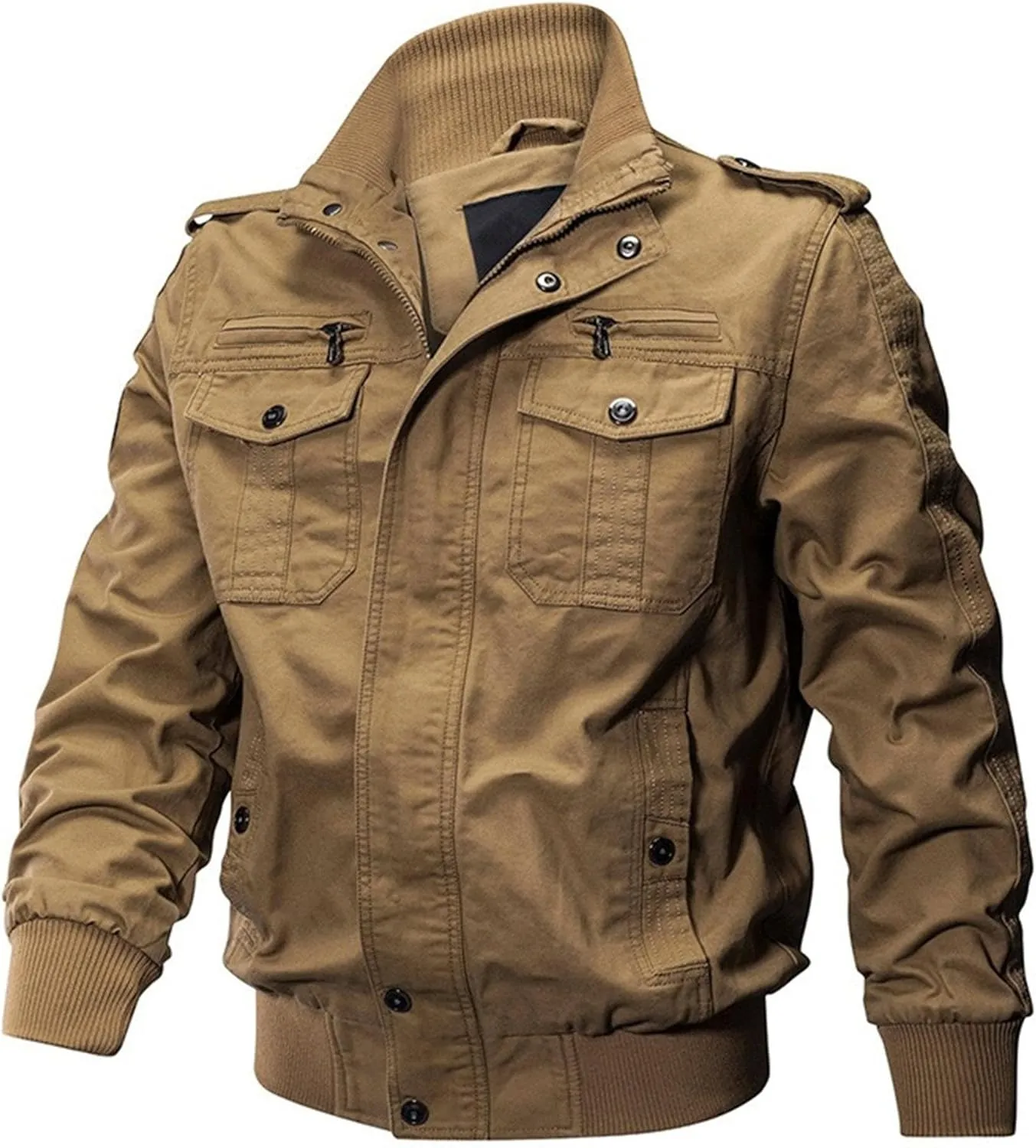 JEKE-DG Men's Relaxed Fit Cotton Outdoor Jacket Multi-Pocket Casual Cargo Jackets Stand Collar Lightweight Jacket Coat
