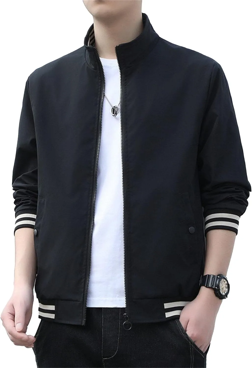 JEKE-DG Men's Stand Collar Casual Baseball Jacket Long Sleeve Fashion Zipper Overshirt Loose Fit Windbreaker Jacket Coat