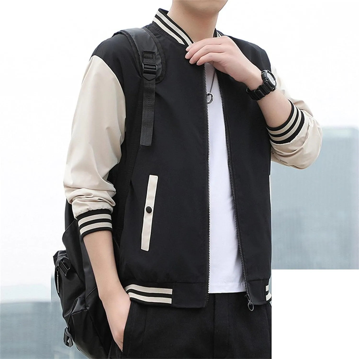JEKE-DG Men's Stand Collar Casual Baseball Jacket Long Sleeve Fashion Zipper Overshirt Loose Fit Windbreaker Jacket Coat
