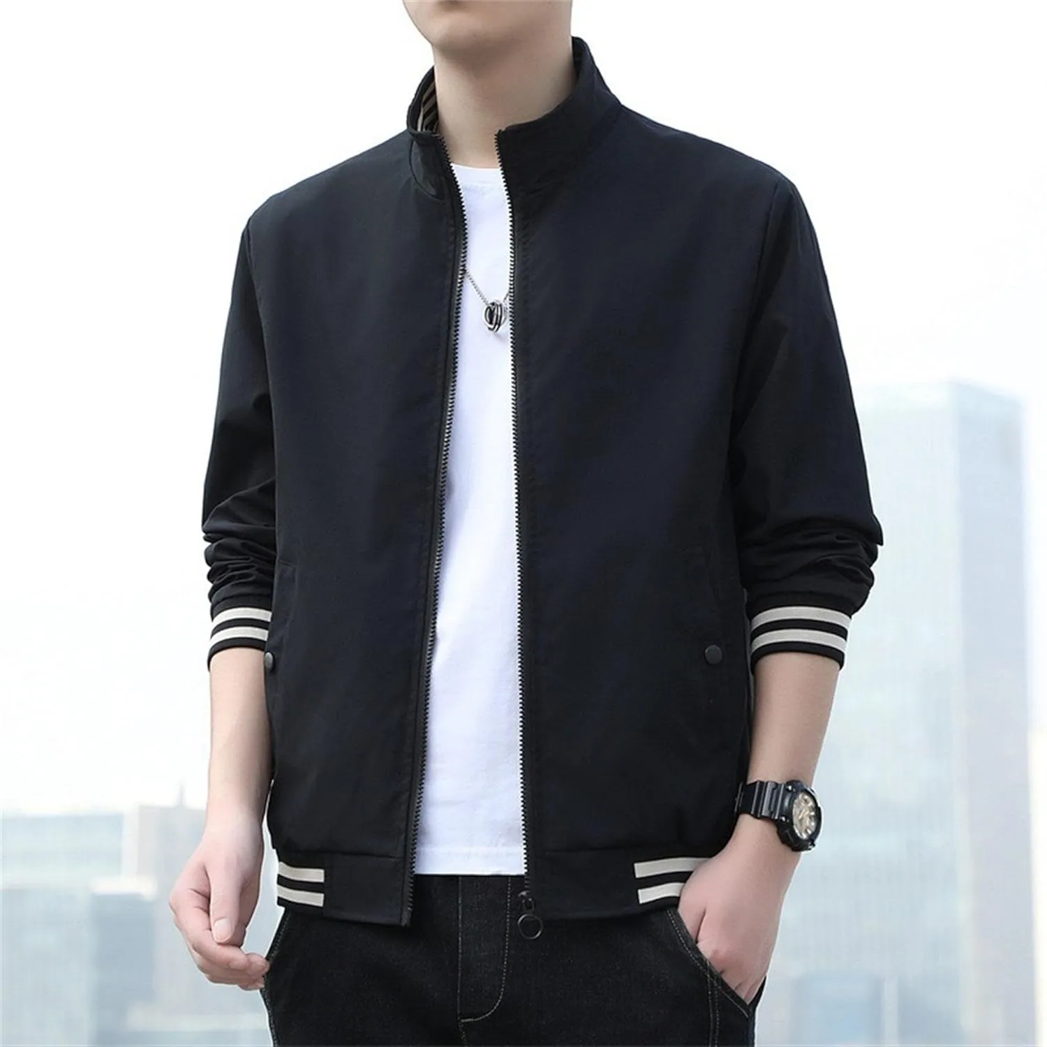 JEKE-DG Men's Stand Collar Casual Baseball Jacket Long Sleeve Fashion Zipper Overshirt Loose Fit Windbreaker Jacket Coat