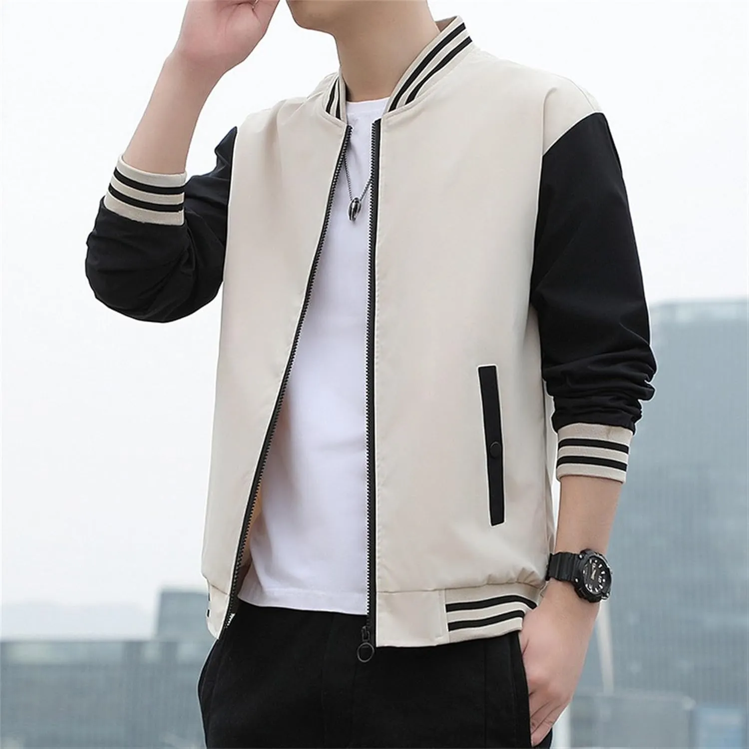 JEKE-DG Men's Stand Collar Casual Baseball Jacket Long Sleeve Fashion Zipper Overshirt Loose Fit Windbreaker Jacket Coat