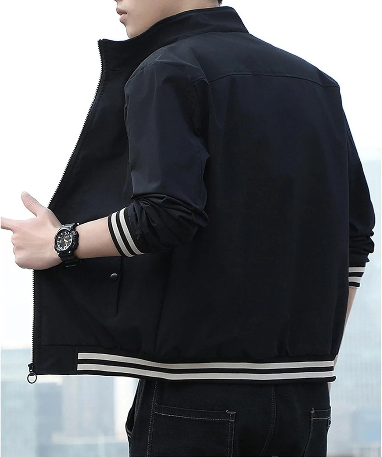 JEKE-DG Men's Stand Collar Casual Baseball Jacket Long Sleeve Fashion Zipper Overshirt Loose Fit Windbreaker Jacket Coat