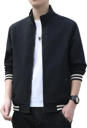 JEKE-DG Men's Stand Collar Casual Baseball Jacket Long Sleeve Fashion Zipper Overshirt Loose Fit Windbreaker Jacket Coat