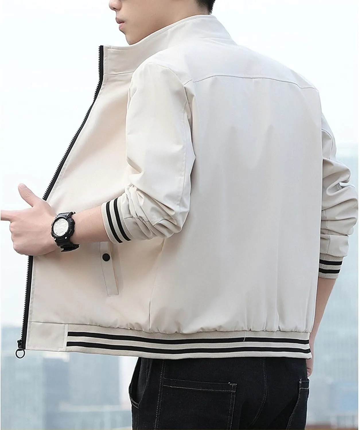 JEKE-DG Men's Stand Collar Casual Baseball Jacket Long Sleeve Fashion Zipper Overshirt Loose Fit Windbreaker Jacket Coat