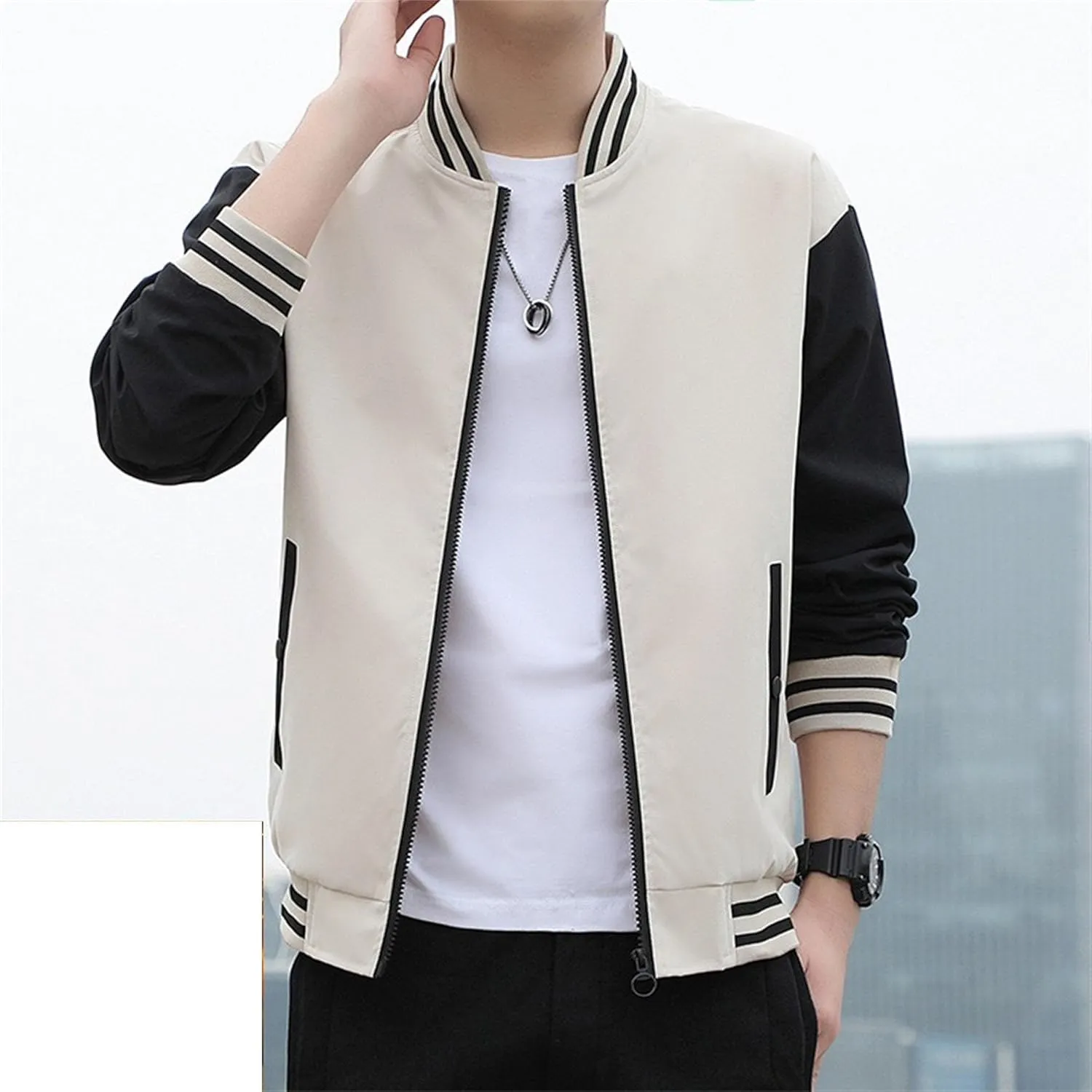 JEKE-DG Men's Stand Collar Casual Baseball Jacket Long Sleeve Fashion Zipper Overshirt Loose Fit Windbreaker Jacket Coat