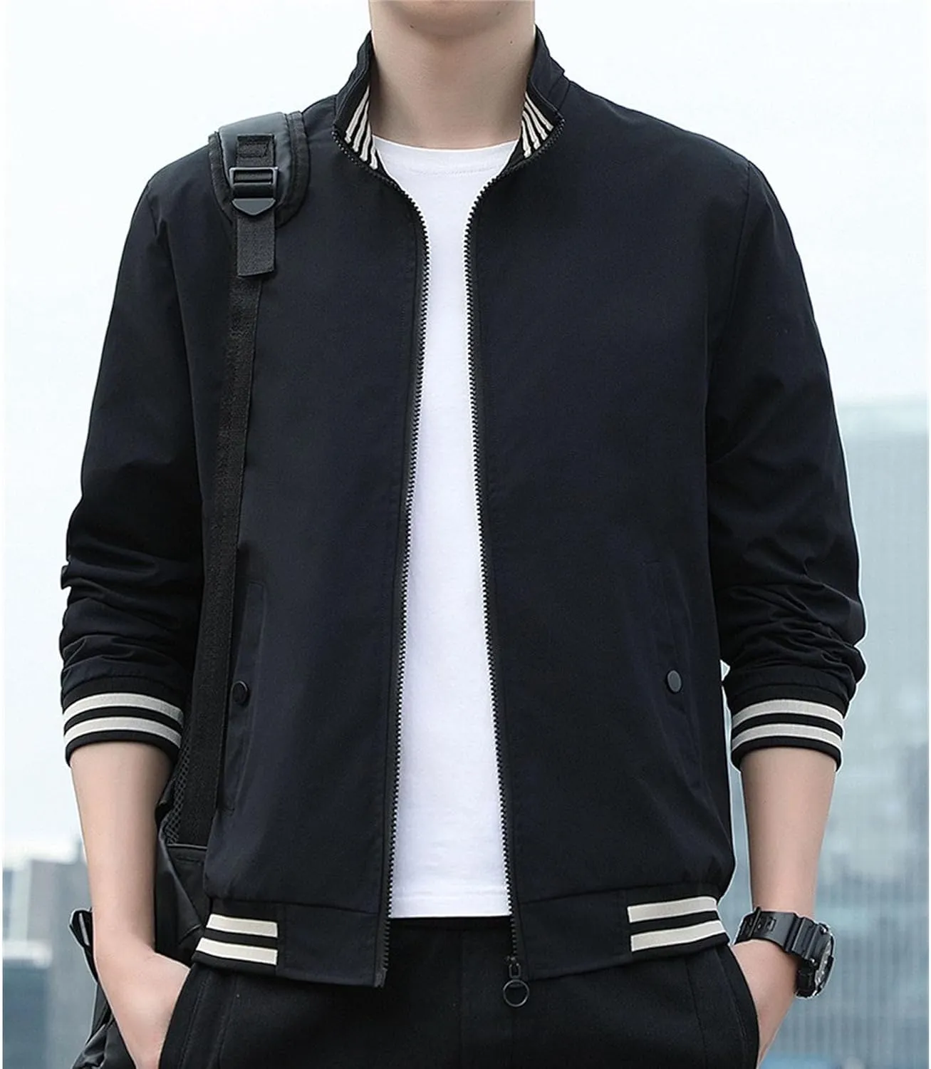 JEKE-DG Men's Stand Collar Casual Baseball Jacket Long Sleeve Fashion Zipper Overshirt Loose Fit Windbreaker Jacket Coat