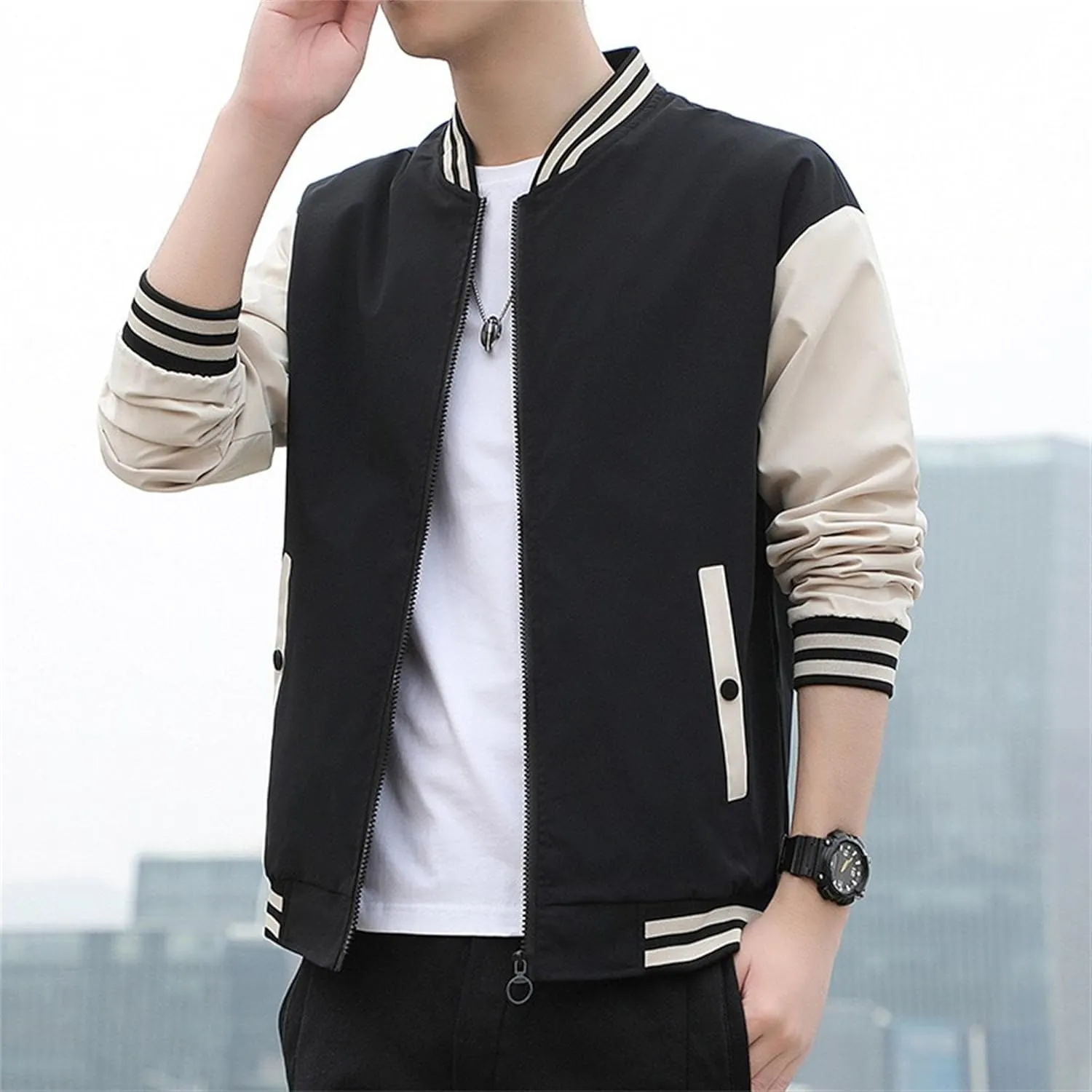 JEKE-DG Men's Stand Collar Casual Baseball Jacket Long Sleeve Fashion Zipper Overshirt Loose Fit Windbreaker Jacket Coat
