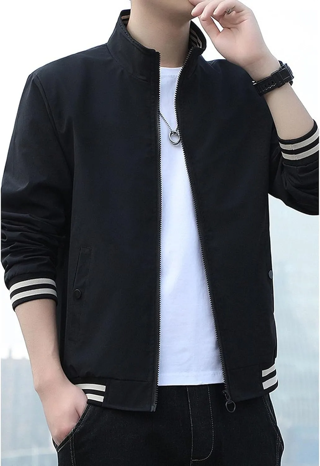 JEKE-DG Men's Stand Collar Casual Baseball Jacket Long Sleeve Fashion Zipper Overshirt Loose Fit Windbreaker Jacket Coat