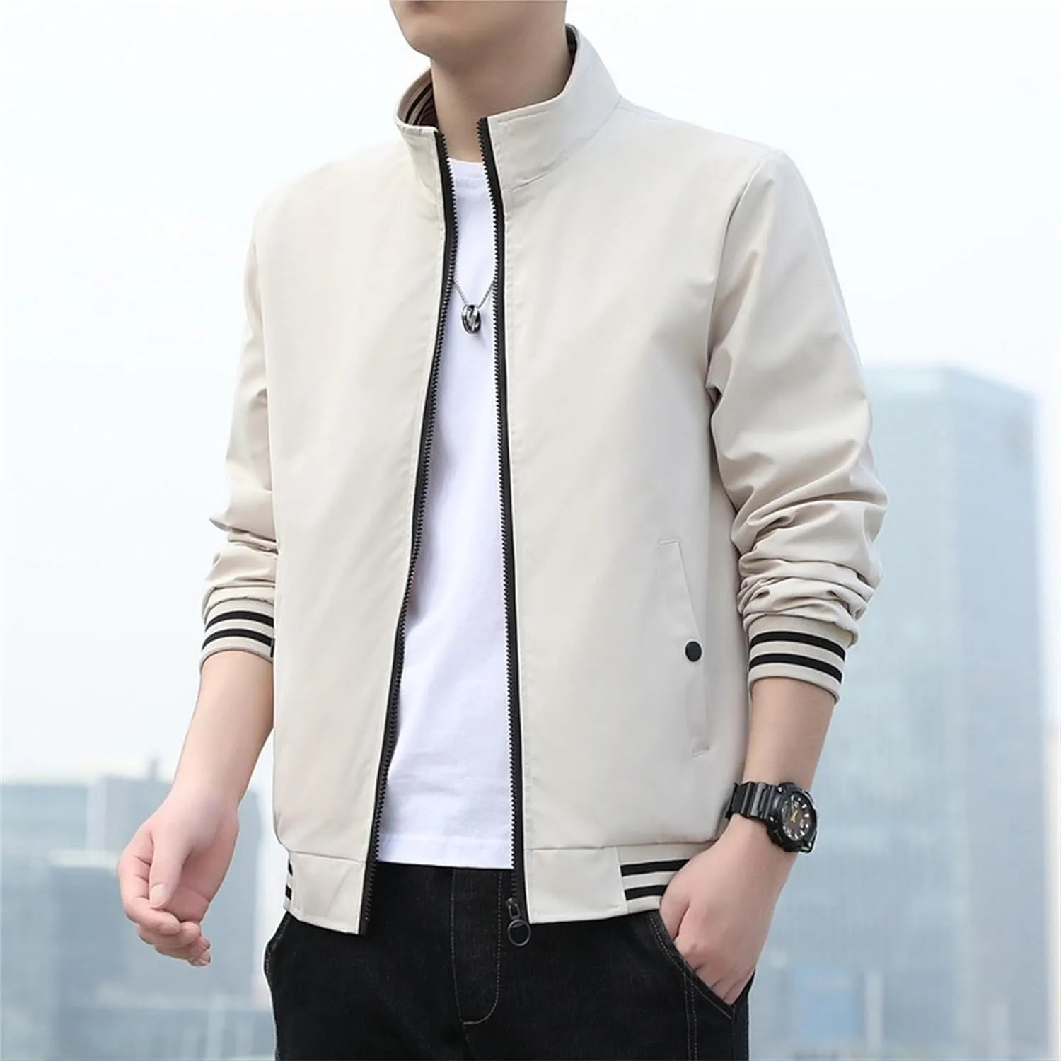 JEKE-DG Men's Stand Collar Casual Baseball Jacket Long Sleeve Fashion Zipper Overshirt Loose Fit Windbreaker Jacket Coat