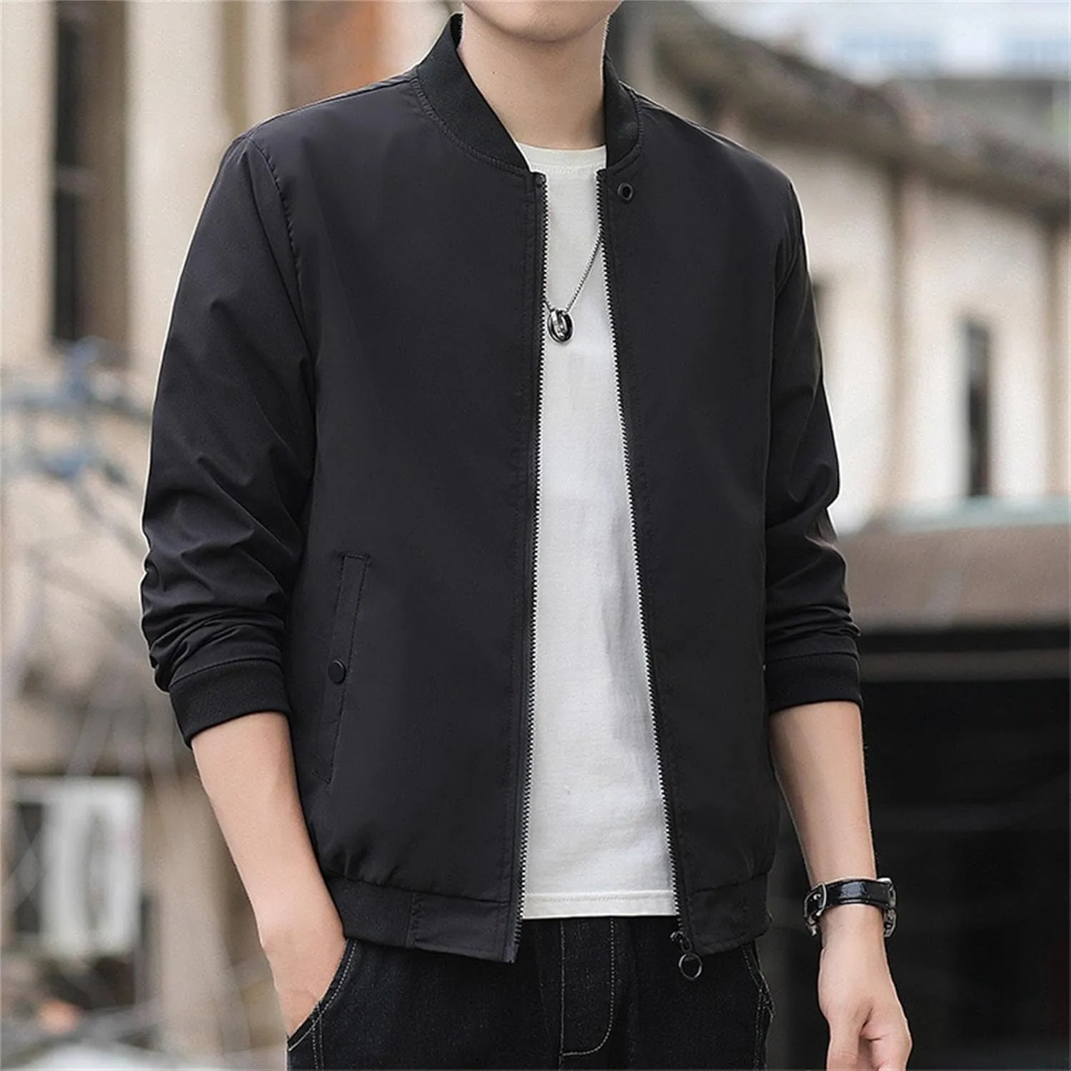 JEKE-DG Men's Stand Collar Casual Baseball Jacket Long Sleeve Fashion Zipper Overshirt Loose Fit Windbreaker Jacket Coat
