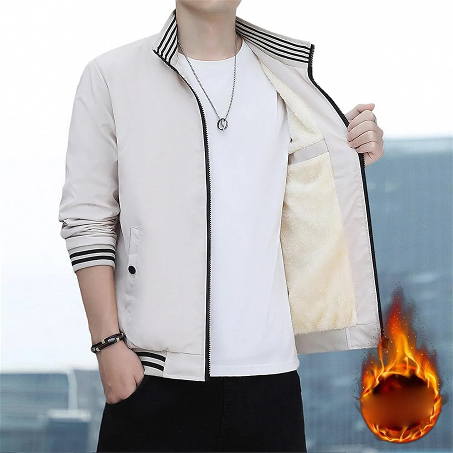 JEKE-DG Men's Stand Collar Casual Baseball Jacket Long Sleeve Fashion Zipper Overshirt Loose Fit Windbreaker Jacket Coat