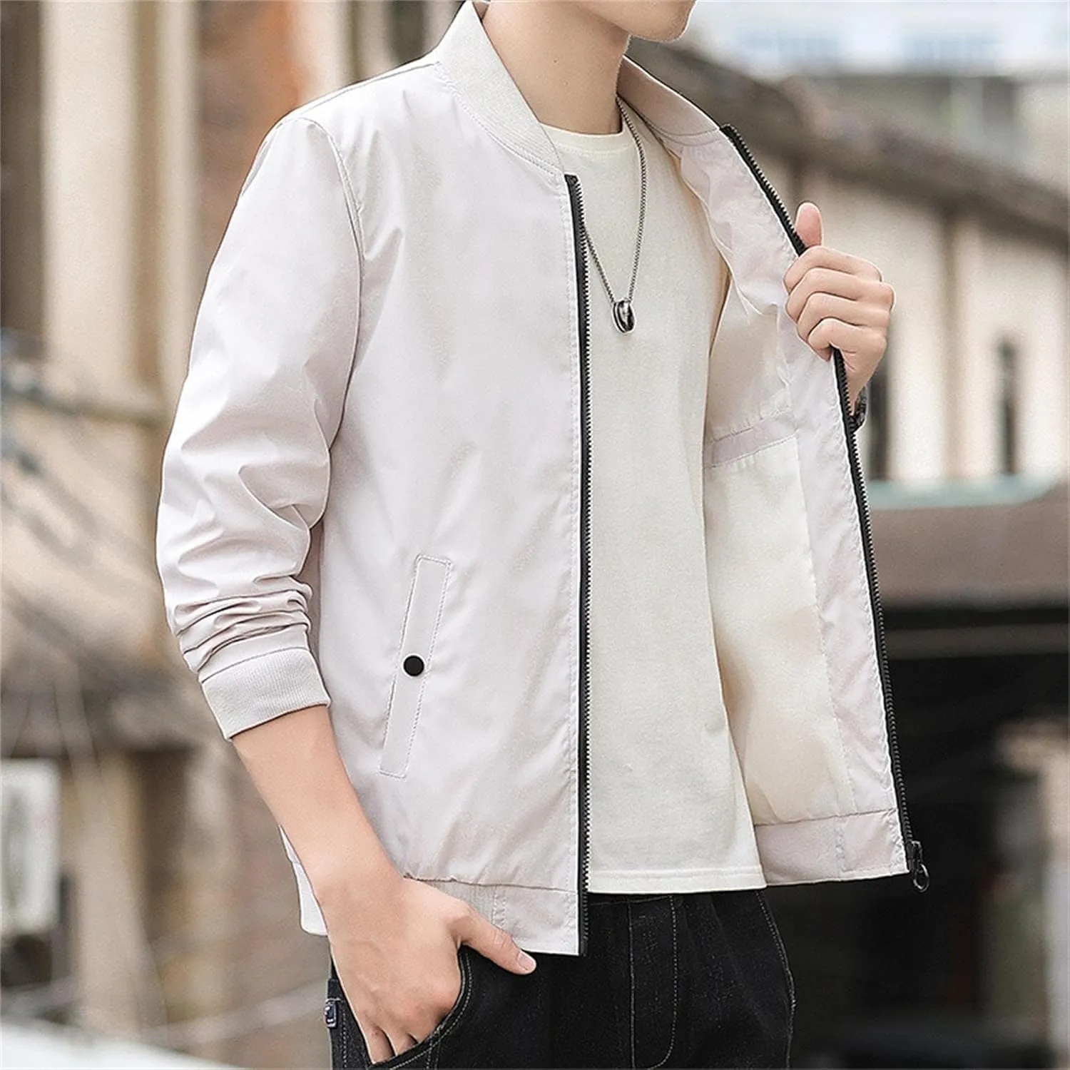 JEKE-DG Men's Stand Collar Casual Baseball Jacket Long Sleeve Fashion Zipper Overshirt Loose Fit Windbreaker Jacket Coat
