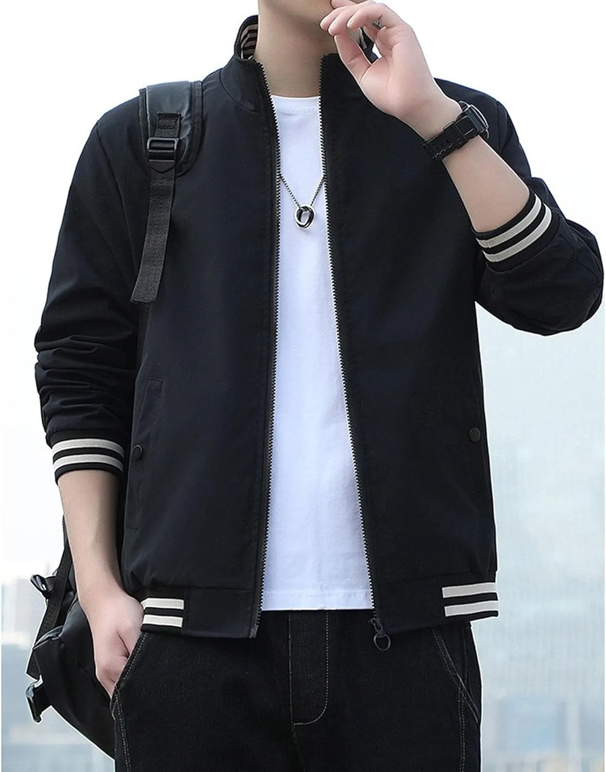 JEKE-DG Men's Stand Collar Casual Baseball Jacket Long Sleeve Fashion Zipper Overshirt Loose Fit Windbreaker Jacket Coat