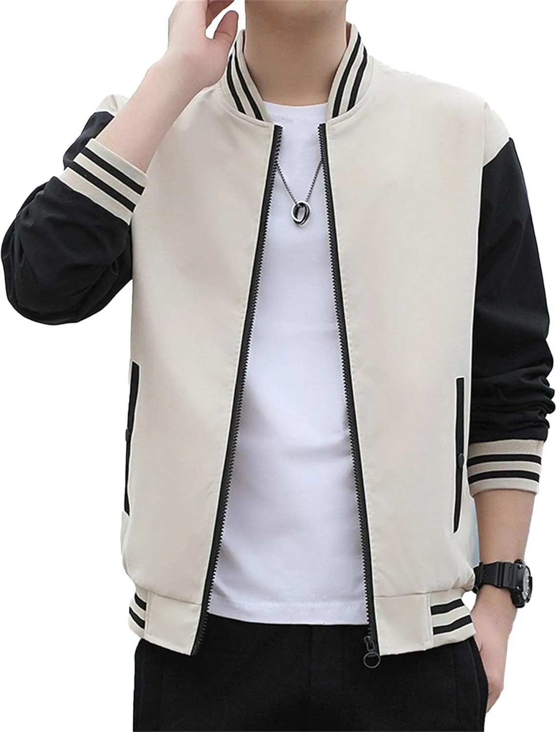 JEKE-DG Men's Stand Collar Casual Baseball Jacket Long Sleeve Fashion Zipper Overshirt Loose Fit Windbreaker Jacket Coat