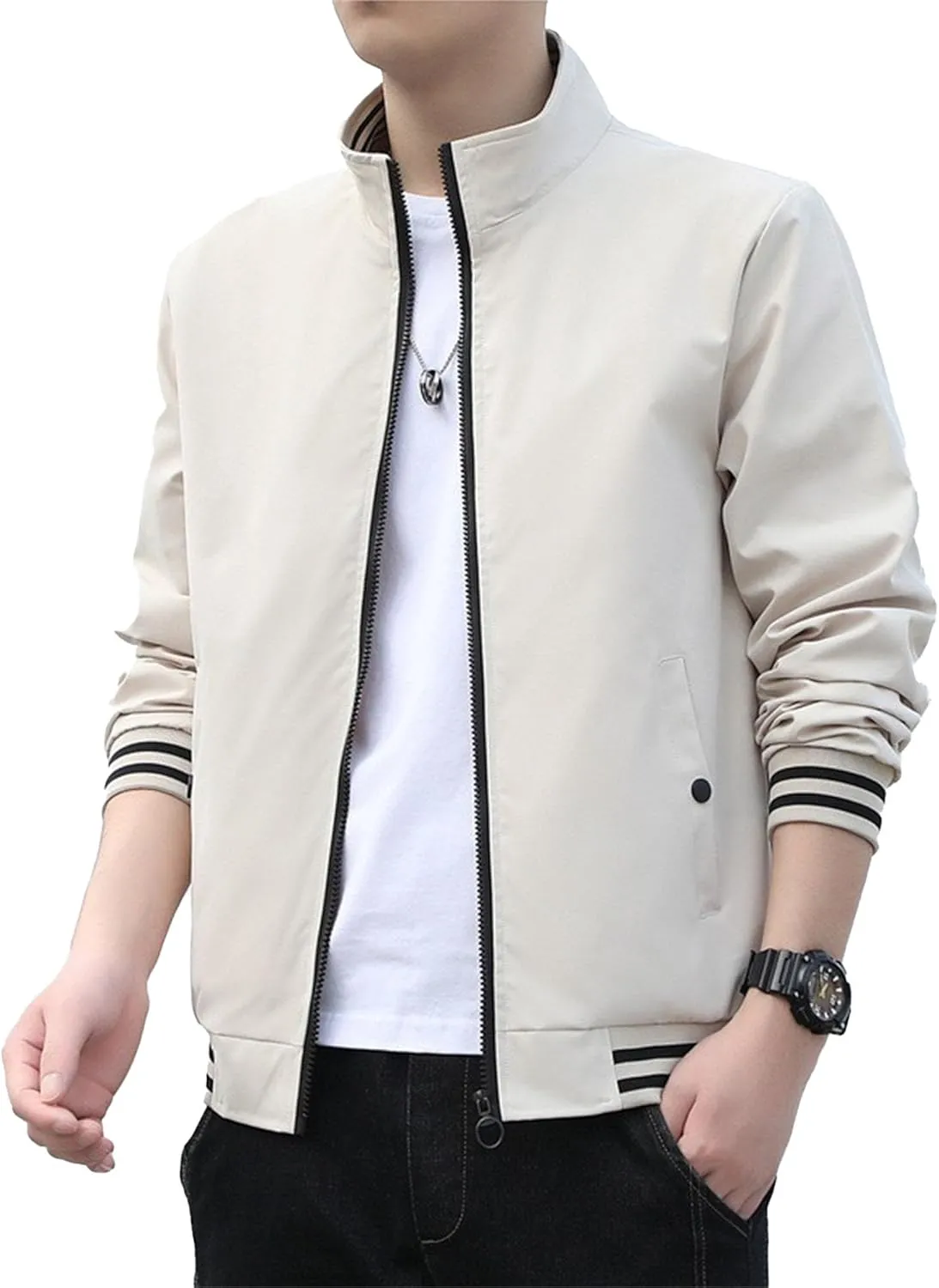 JEKE-DG Men's Stand Collar Casual Baseball Jacket Long Sleeve Fashion Zipper Overshirt Loose Fit Windbreaker Jacket Coat