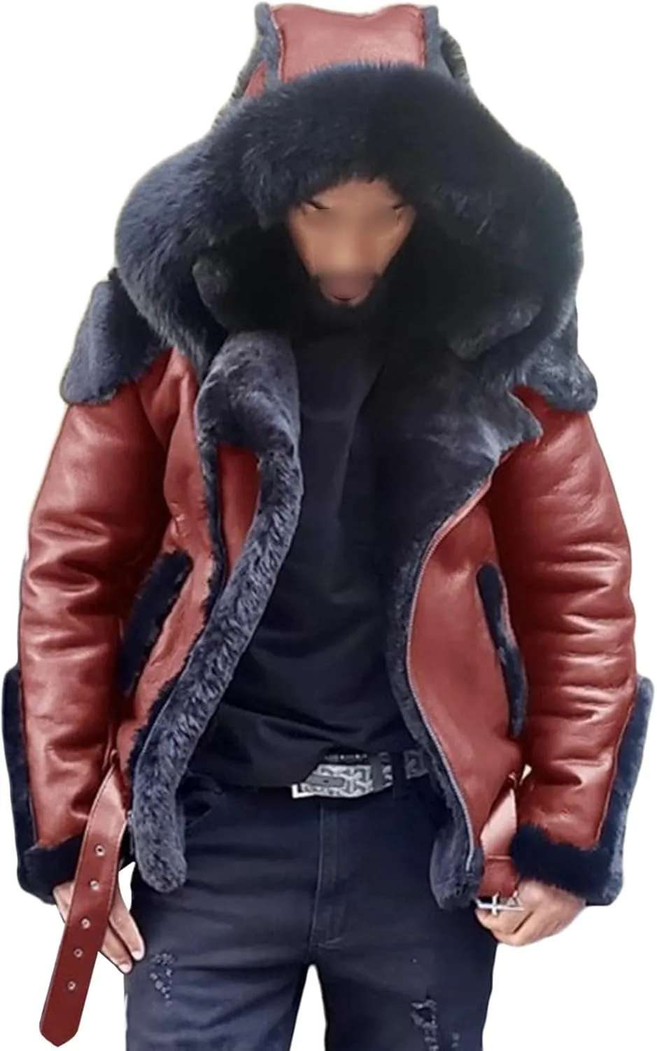 JEsilunmaMY Men's Fur Hoodie Sherpa Leather Jacket Fleece Lined Belt Warm Winter Coat Heavyweight Thicken Motorcycle Outwear