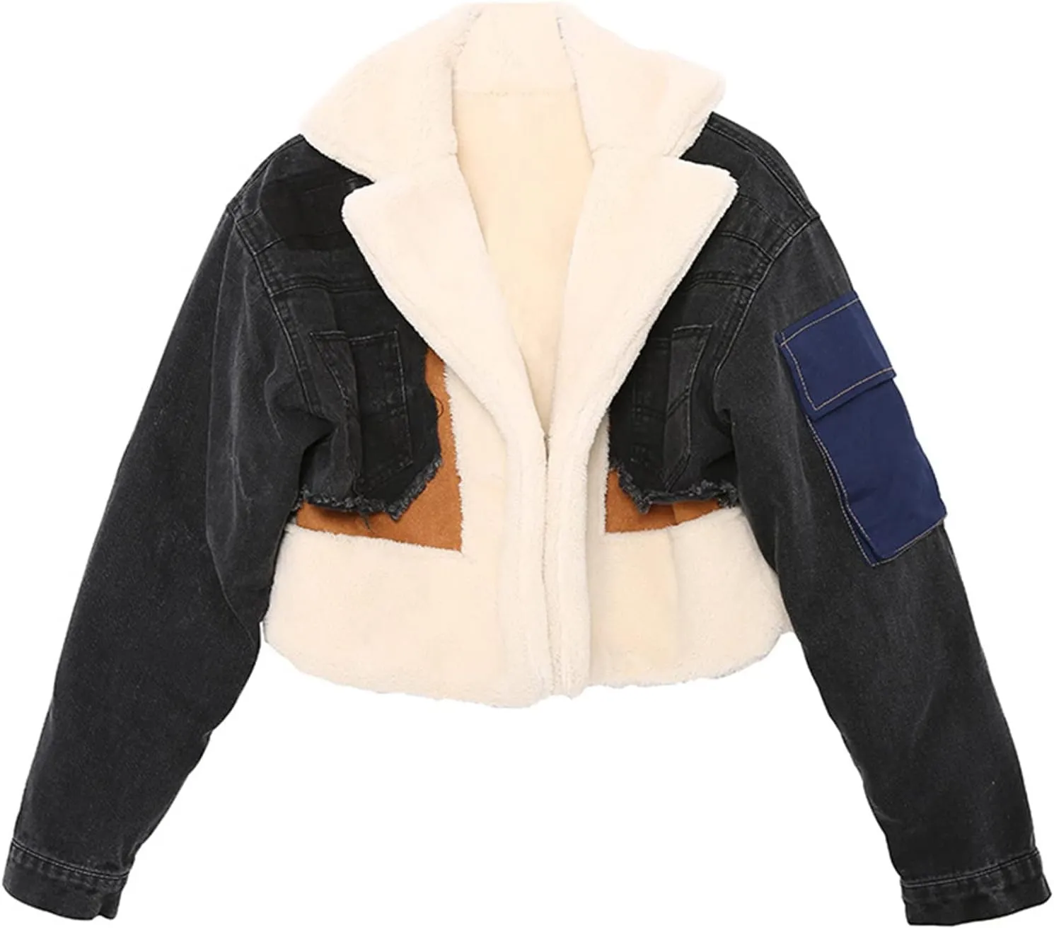 JEsilunmaMY Women's Patchwork Denim Jacket Long Sleeve Lapel Cardigan Coat Winter Fleece Thicken Lamb Wool Cotton Jackets