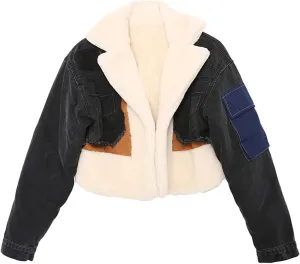 JEsilunmaMY Women's Patchwork Denim Jacket Long Sleeve Lapel Cardigan Coat Winter Fleece Thicken Lamb Wool Cotton Jackets