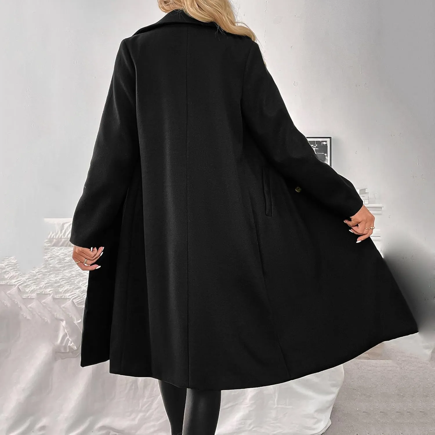 JOAU Women's Wool Blend Winter Coat with Pockets Long Open Front Warm Trench Coats Lapel Double Breasted Wool & Pea Overcoat