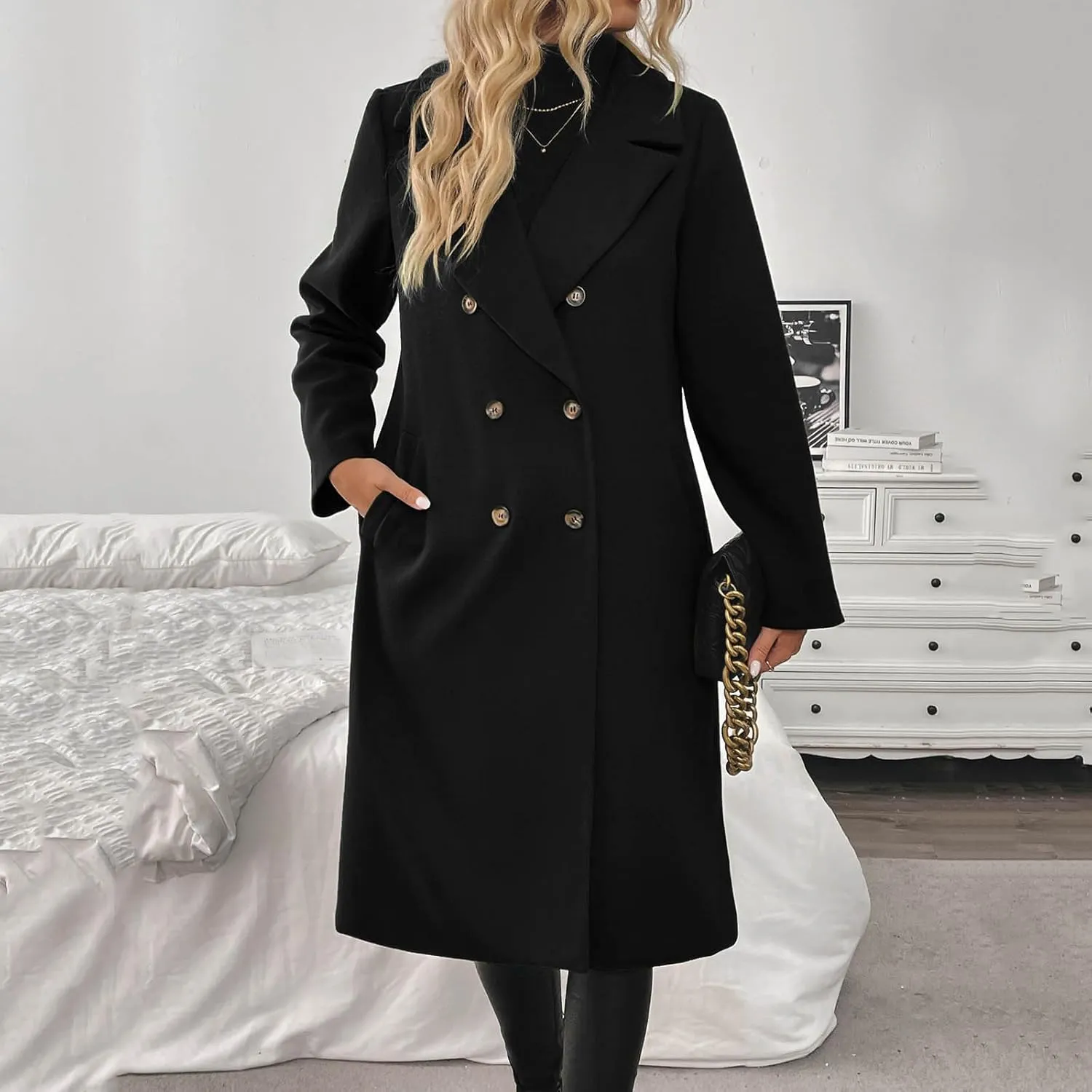 JOAU Women's Wool Blend Winter Coat with Pockets Long Open Front Warm Trench Coats Lapel Double Breasted Wool & Pea Overcoat