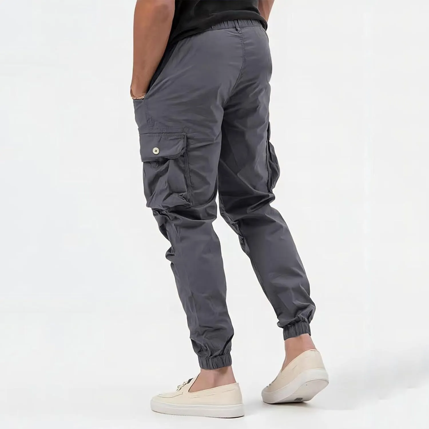 Jogger Cargo Pants Men Elastic Waist Work Pants Casual Plain Tapered Trousers Outdoor Sports Pants with Button Pocket