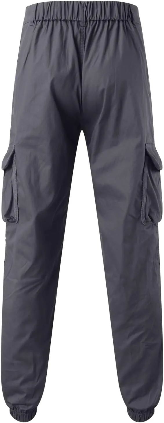 Jogger Cargo Pants Men Elastic Waist Work Pants Casual Plain Tapered Trousers Outdoor Sports Pants with Button Pocket