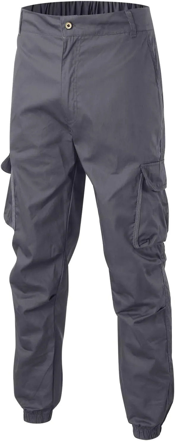 Jogger Cargo Pants Men Elastic Waist Work Pants Casual Plain Tapered Trousers Outdoor Sports Pants with Button Pocket