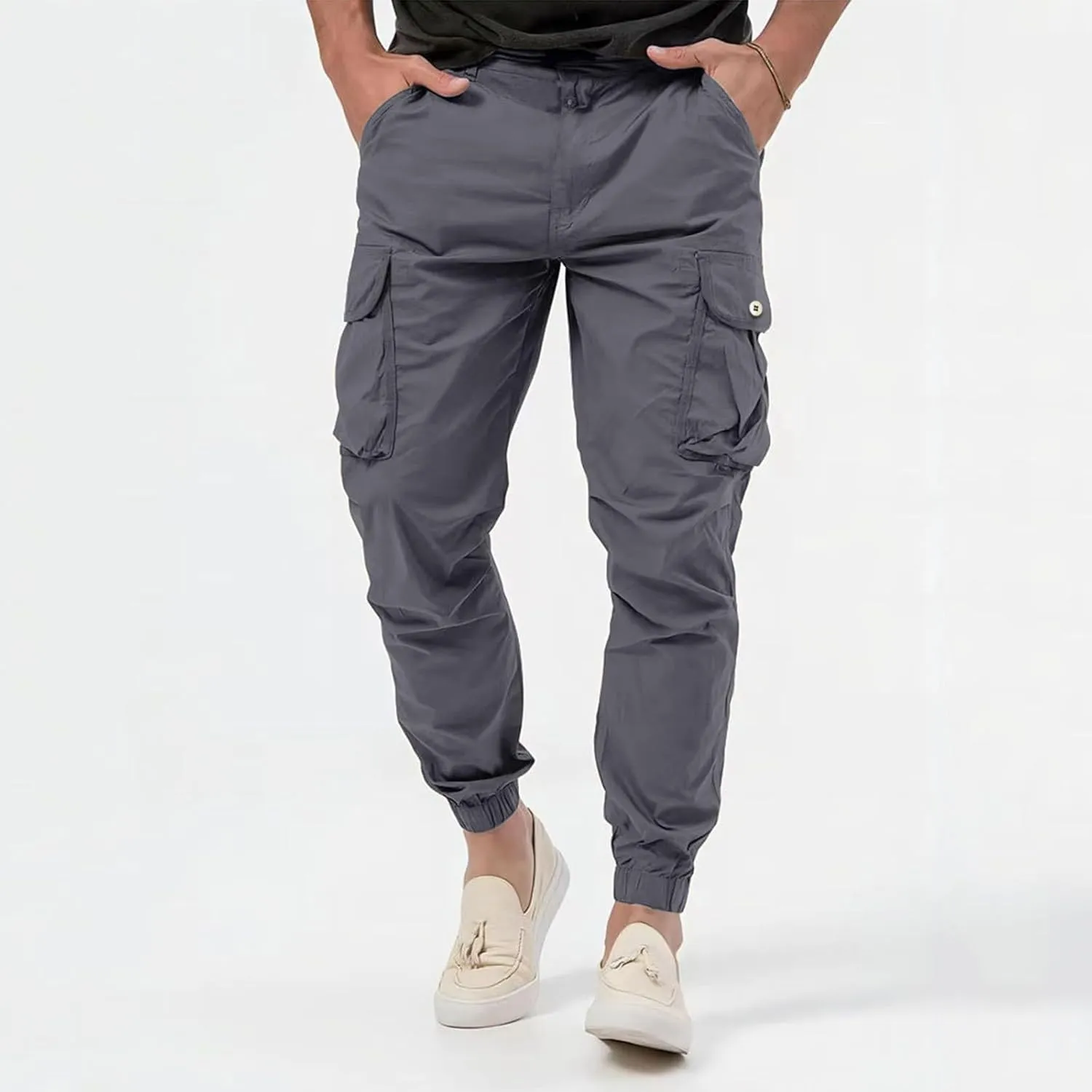 Jogger Cargo Pants Men Elastic Waist Work Pants Casual Plain Tapered Trousers Outdoor Sports Pants with Button Pocket