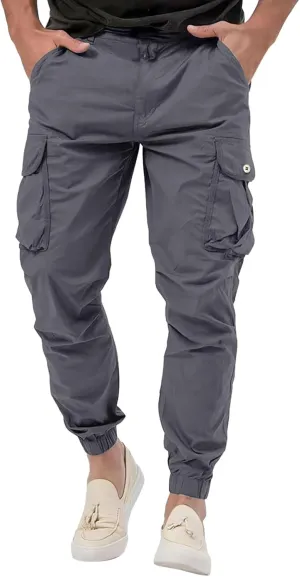 Jogger Cargo Pants Men Elastic Waist Work Pants Casual Plain Tapered Trousers Outdoor Sports Pants with Button Pocket