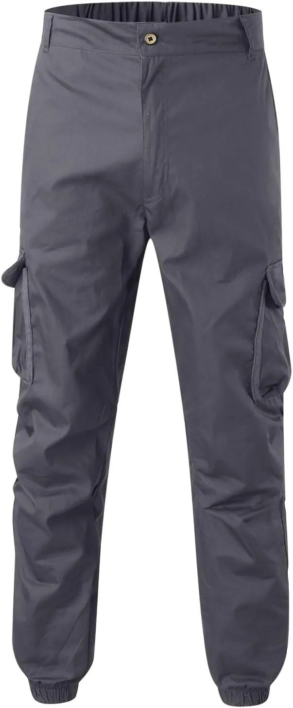 Jogger Cargo Pants Men Elastic Waist Work Pants Casual Plain Tapered Trousers Outdoor Sports Pants with Button Pocket