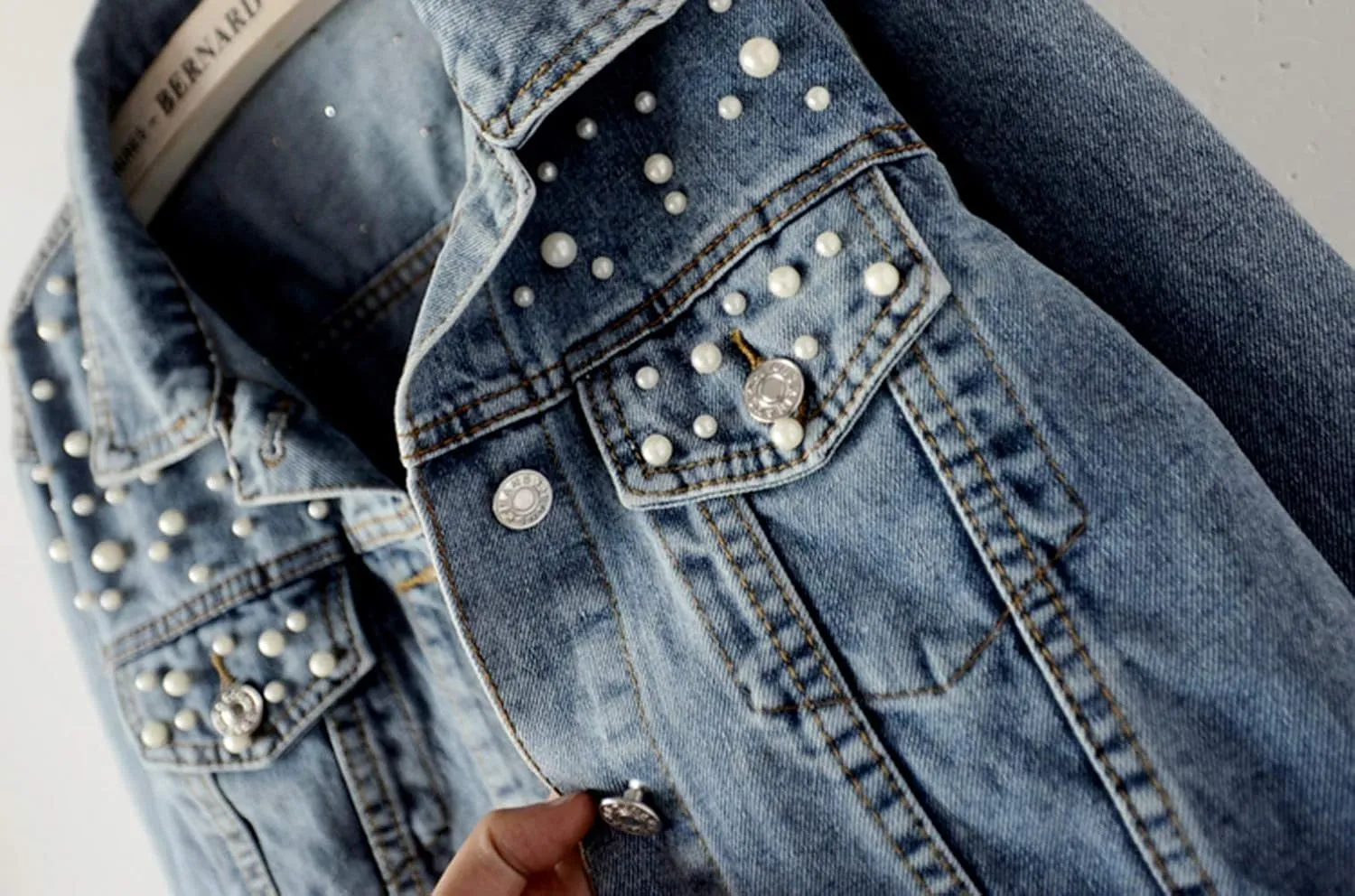 Kedera Women Oversized Denim Jacket Embroidered Pearls Beading Jeans Coat