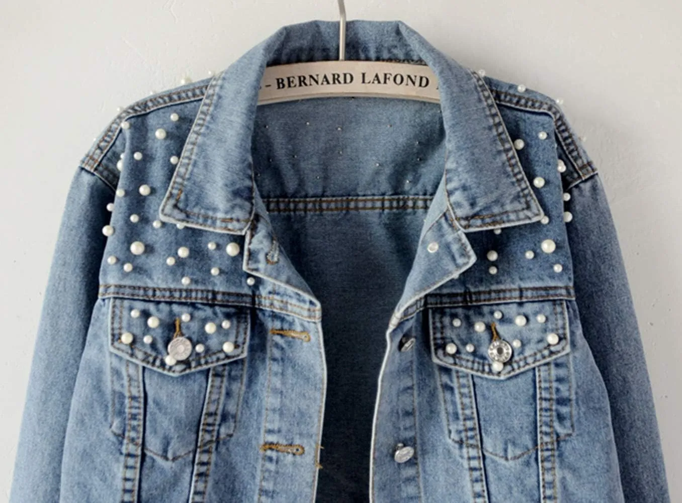 Kedera Women Oversized Denim Jacket Embroidered Pearls Beading Jeans Coat