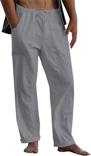 KUIOLYPOER Linen Pants Men Yoga Beach Baggy Casual Pants 2025 Summer Elastic Waist Drawstring Cotton Trousers with Pockets