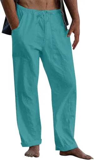 KUIOLYPOER Linen Pants Men Yoga Beach Baggy Casual Pants 2025 Summer Elastic Waist Drawstring Cotton Trousers with Pockets