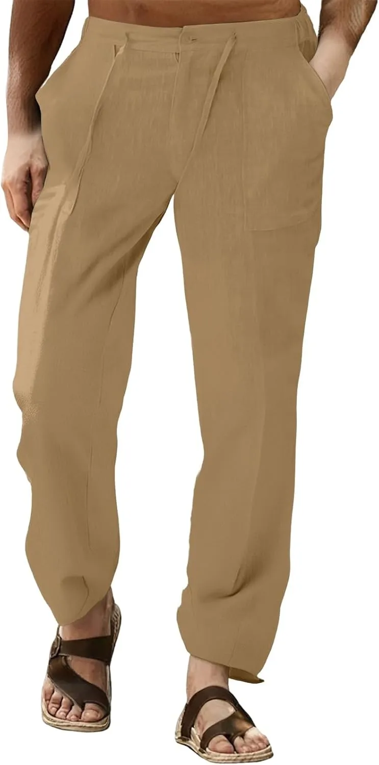 KUIOLYPOER Men's Casual Linen Pants Beach Summer Elastic Waist Drawstring Pants Lightweight Loose Fit Travel Vacation Slacks