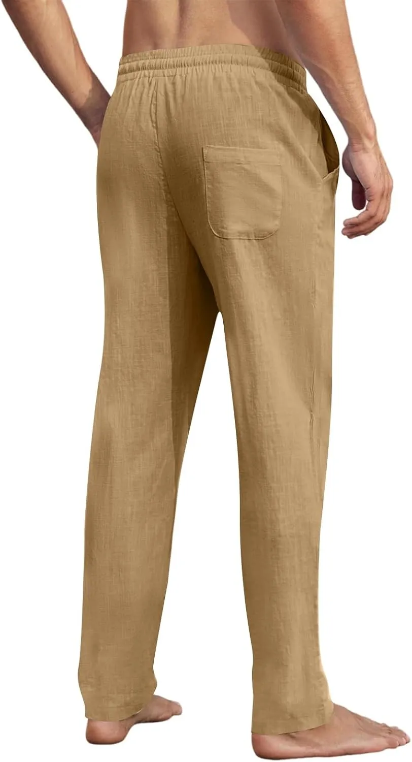 KUIOLYPOER Men's Casual Linen Pants Beach Summer Elastic Waist Drawstring Pants Lightweight Loose Fit Travel Vacation Slacks