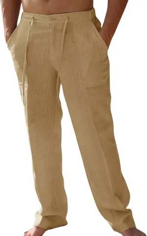 KUIOLYPOER Men's Casual Linen Pants Beach Summer Elastic Waist Drawstring Pants Lightweight Loose Fit Travel Vacation Slacks