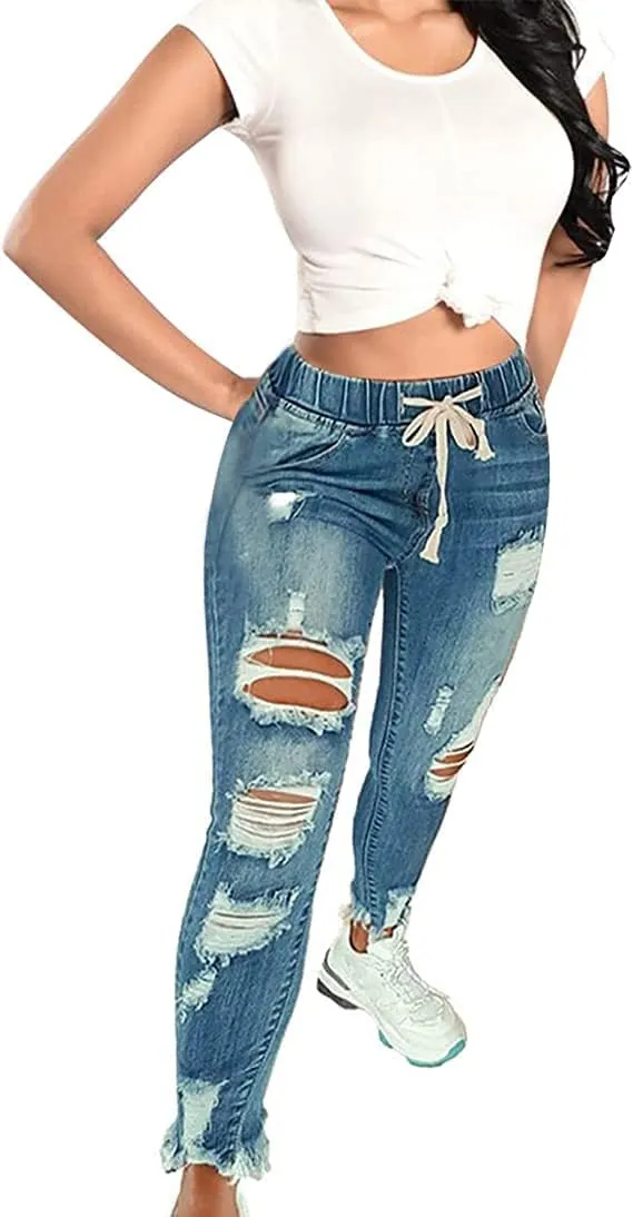 KUNMI Women High Waist Skinny Stretch Ripped Jeans Destroyed Denim Pants Plus Size