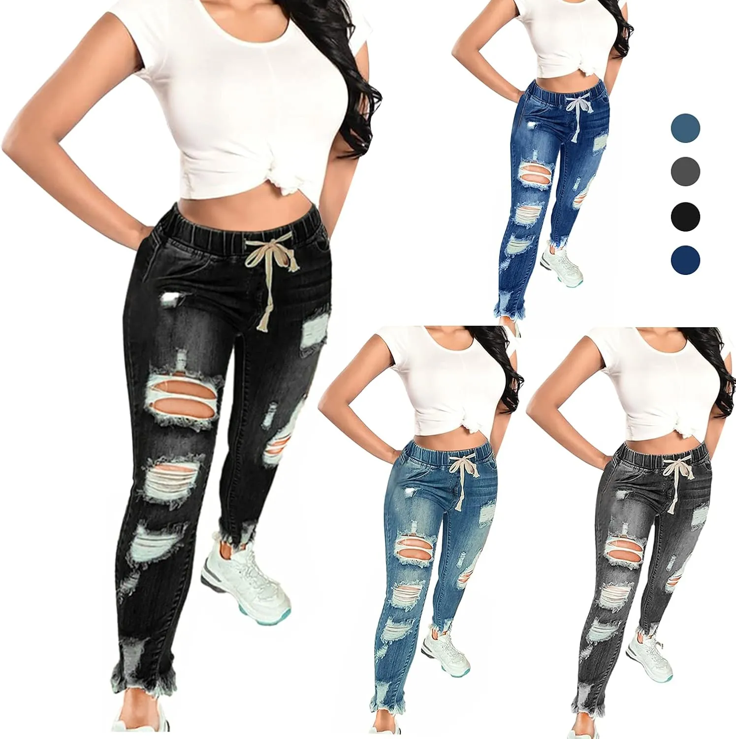 KUNMI Women High Waist Skinny Stretch Ripped Jeans Destroyed Denim Pants Plus Size