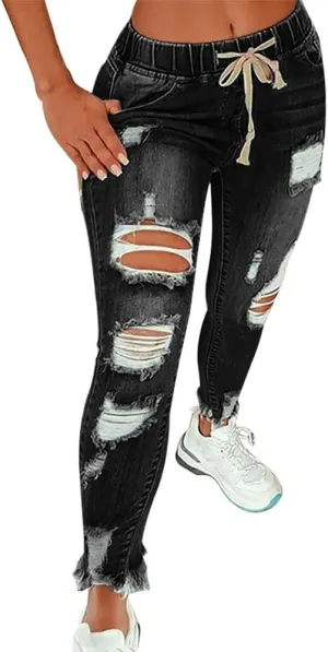 KUNMI Women High Waist Skinny Stretch Ripped Jeans Destroyed Denim Pants Plus Size