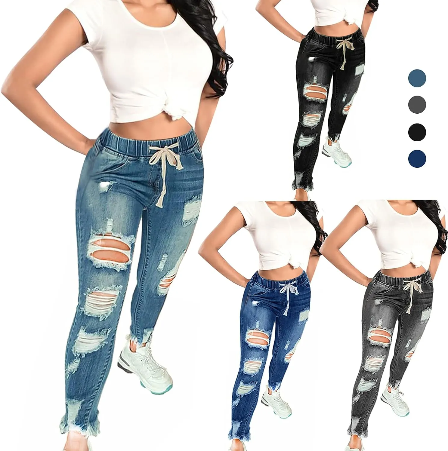 KUNMI Women High Waist Skinny Stretch Ripped Jeans Destroyed Denim Pants Plus Size