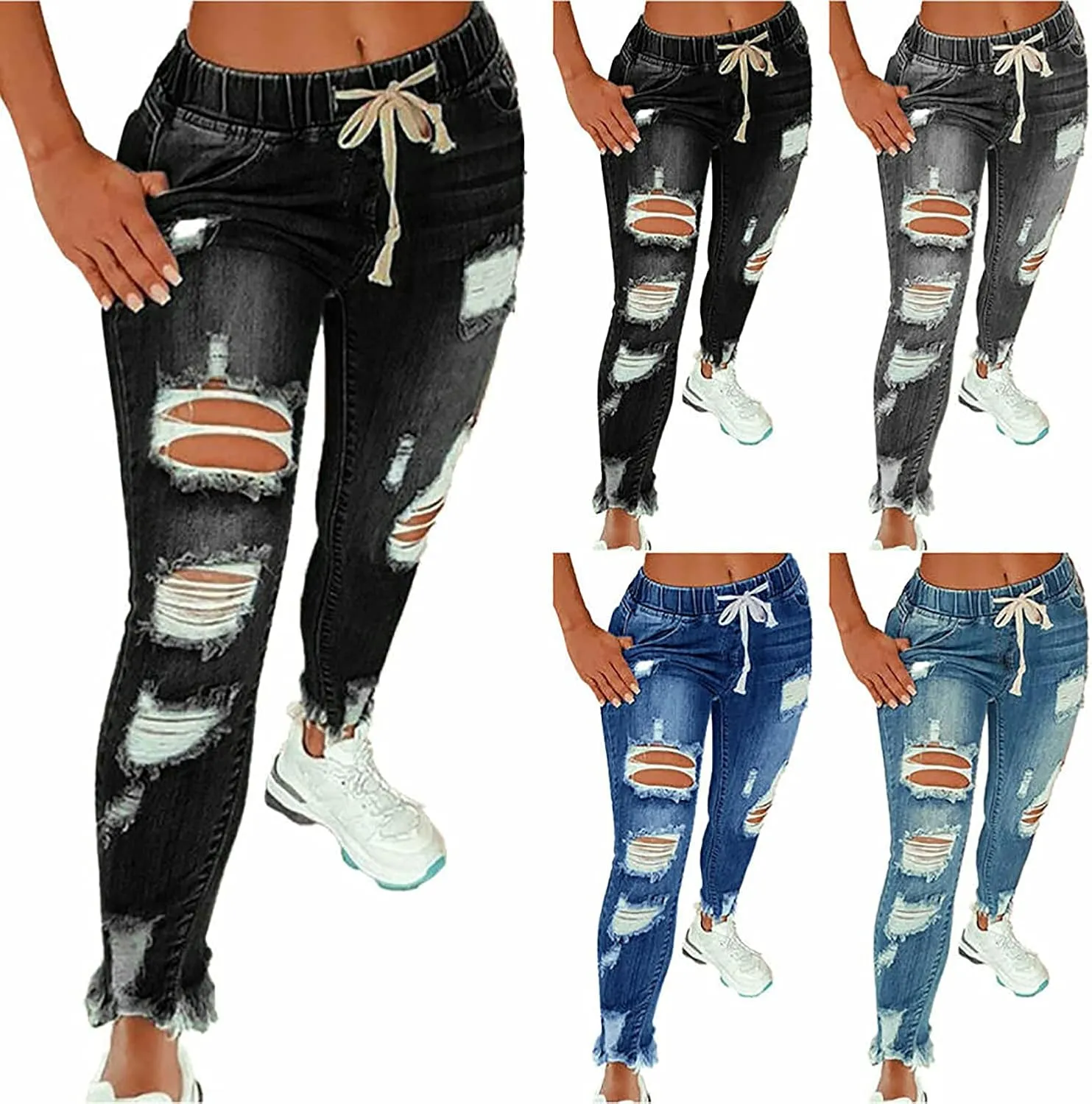 KUNMI Women High Waist Skinny Stretch Ripped Jeans Destroyed Denim Pants Plus Size