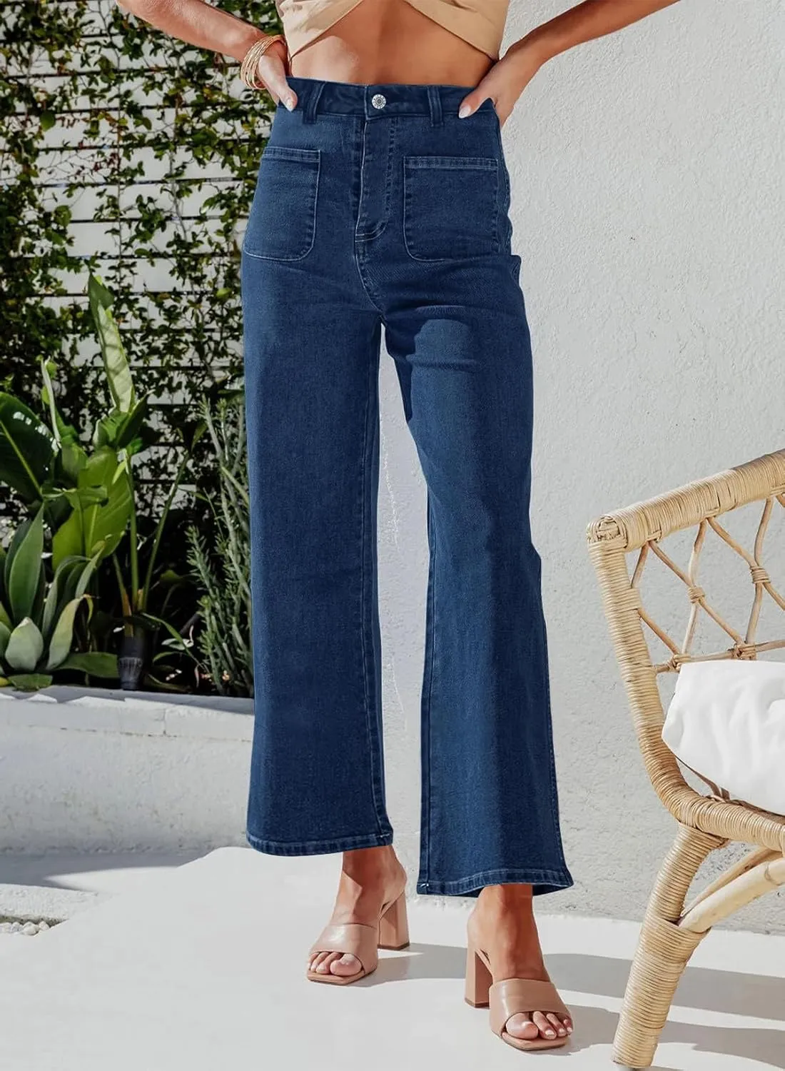 KUNMI Women's Wide Leg High Waisted Stretchy Straight Leg Jeans Baggy Loose Trendy Denim Pants