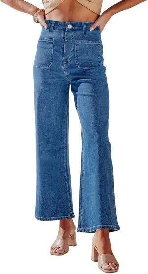 KUNMI Women's Wide Leg High Waisted Stretchy Straight Leg Jeans Baggy Loose Trendy Denim Pants
