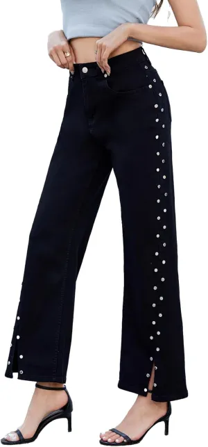 Ladyful Women's Straight Leg Jeans Stud High Waist Casual Stretch Denim Pants Embellished Split Jeans