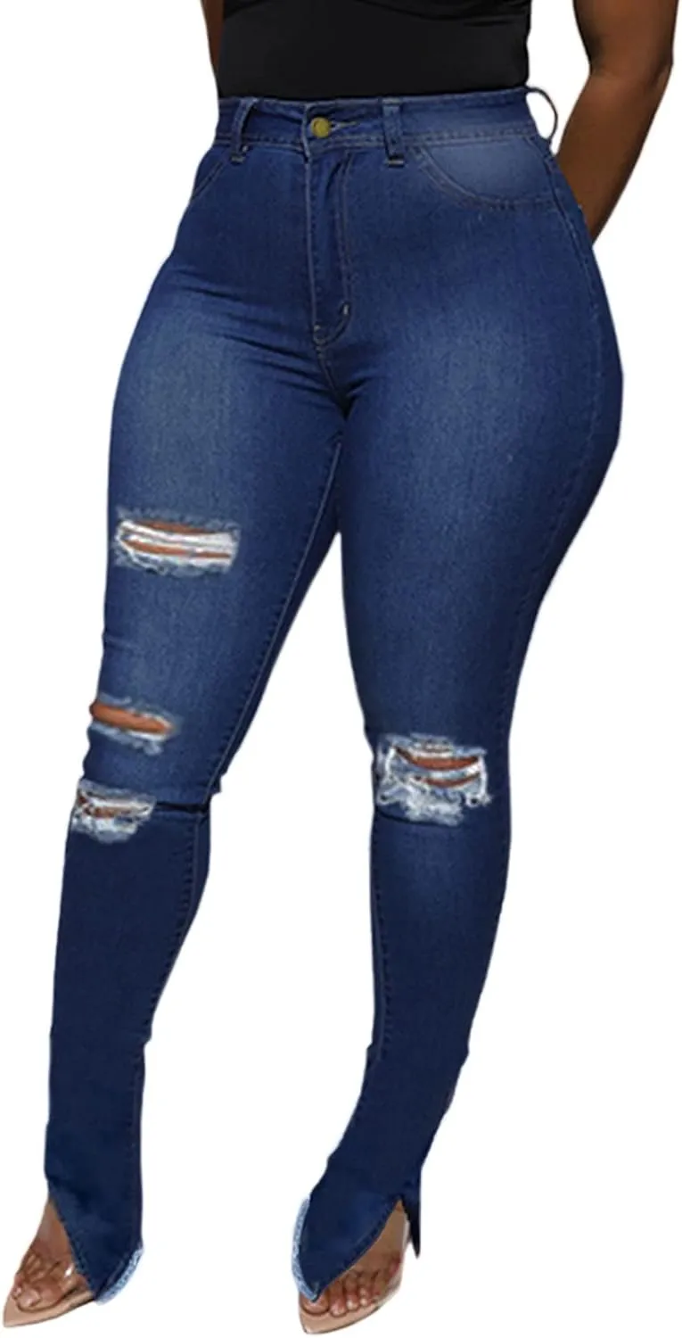 Laeyzuo Women's High Waisted Denim Jean Pants Classic Skinny Stretchy Retro Ripped Jeans